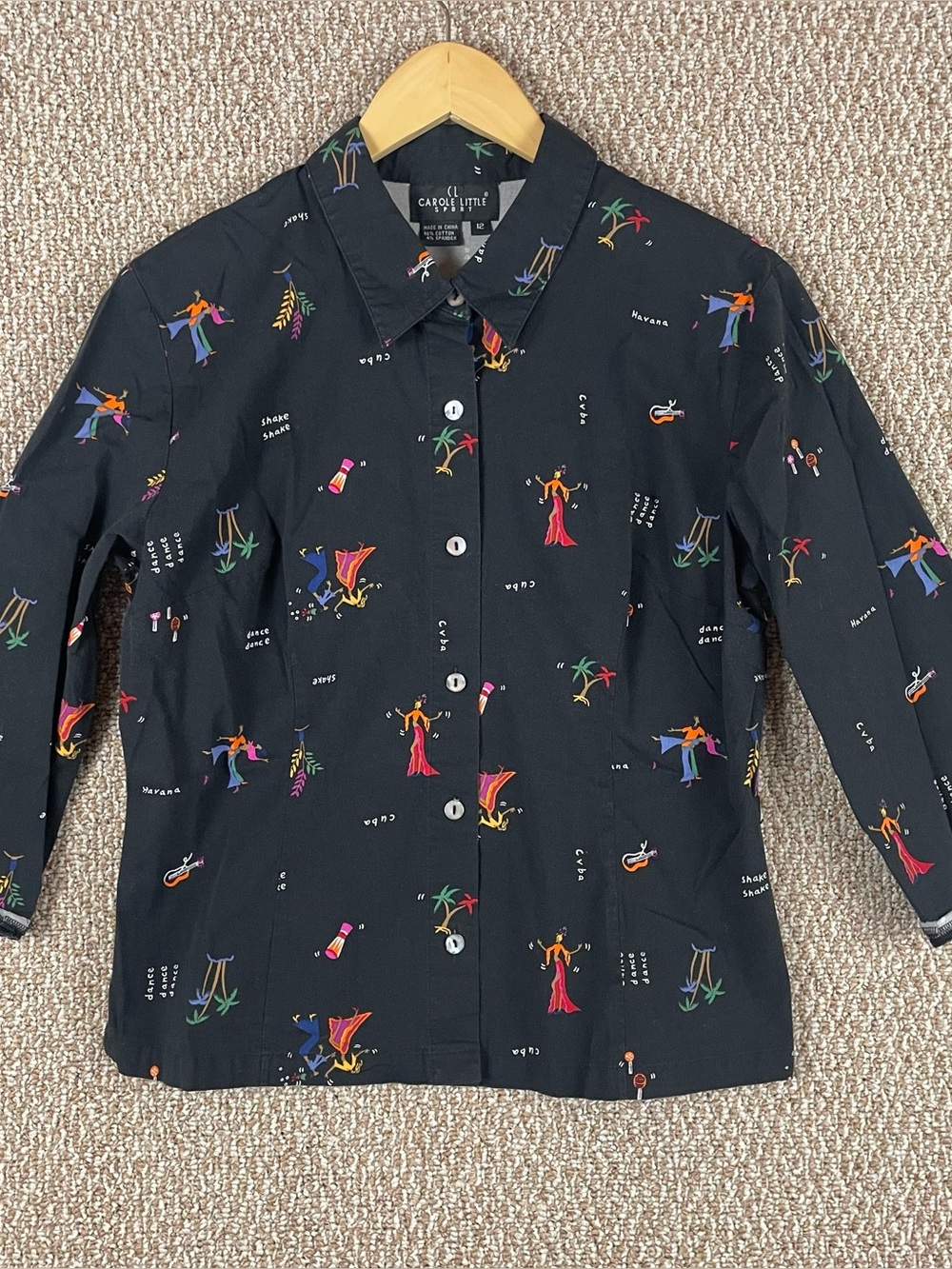 Vtg Carole Little Shirt Womens 12 Button Salsa Cuba Dance Havana 3/4 Sleeve F187